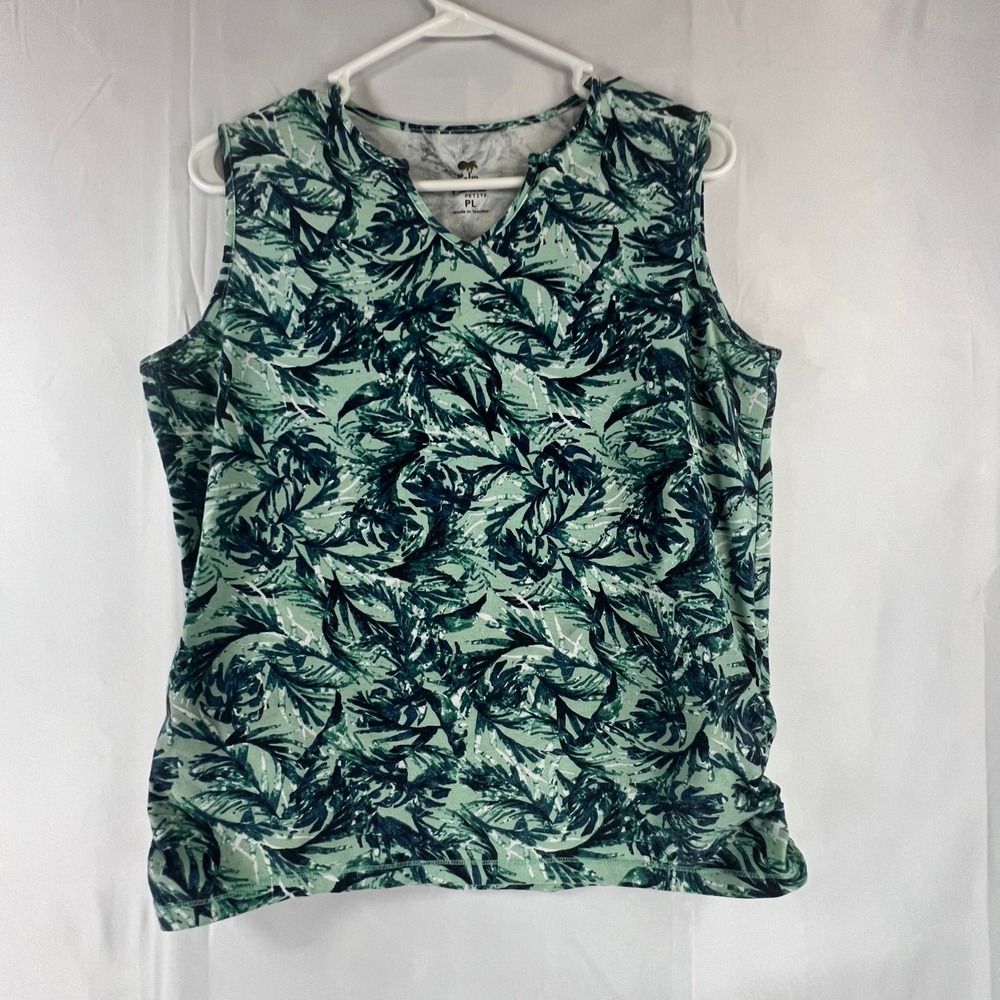 Palm Harbour Petite PL Tropical Palm Leaf Print Short Sleeve Cotton Blend Top